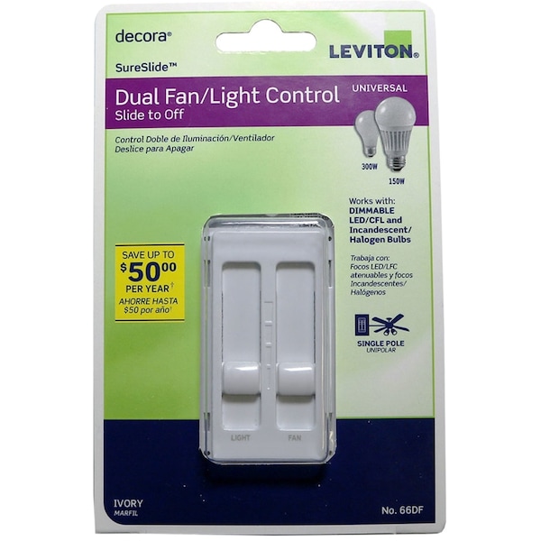 Leviton Leviton Decora SureSlide Ivory Fan/LED Dimmer Slide Switch 1 pk 66DF-I - main